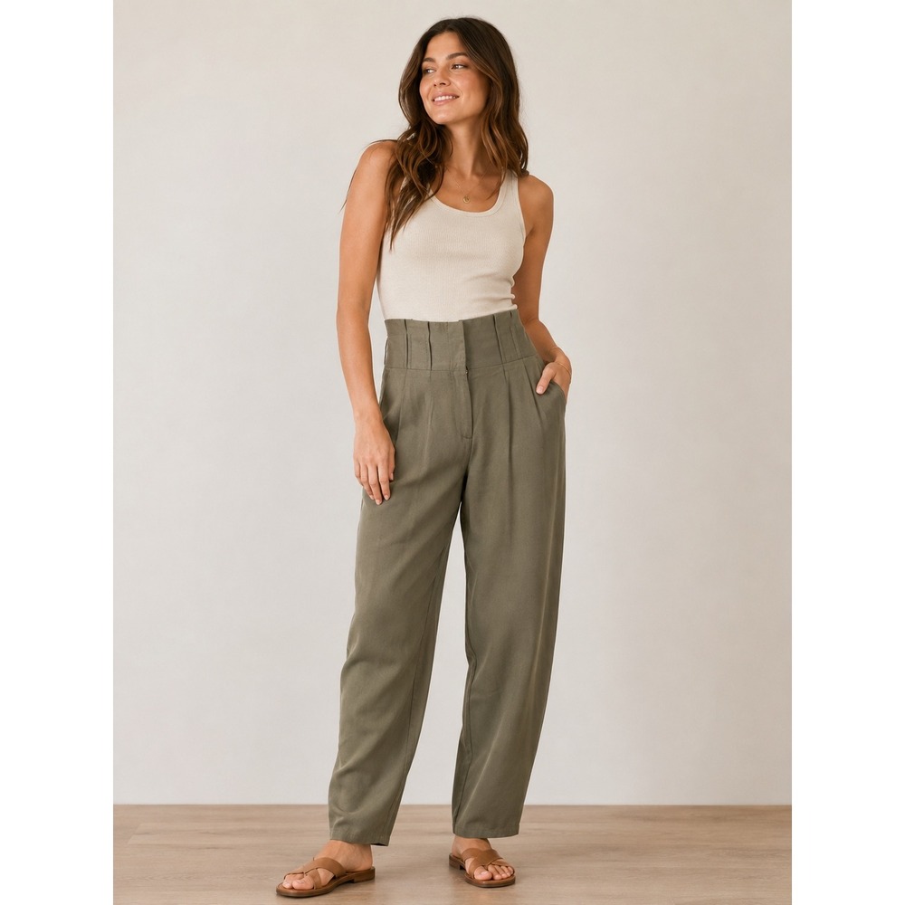 Tularosa Olive Green High Waisted Pleated Tapered Lyocell Pants Sz M